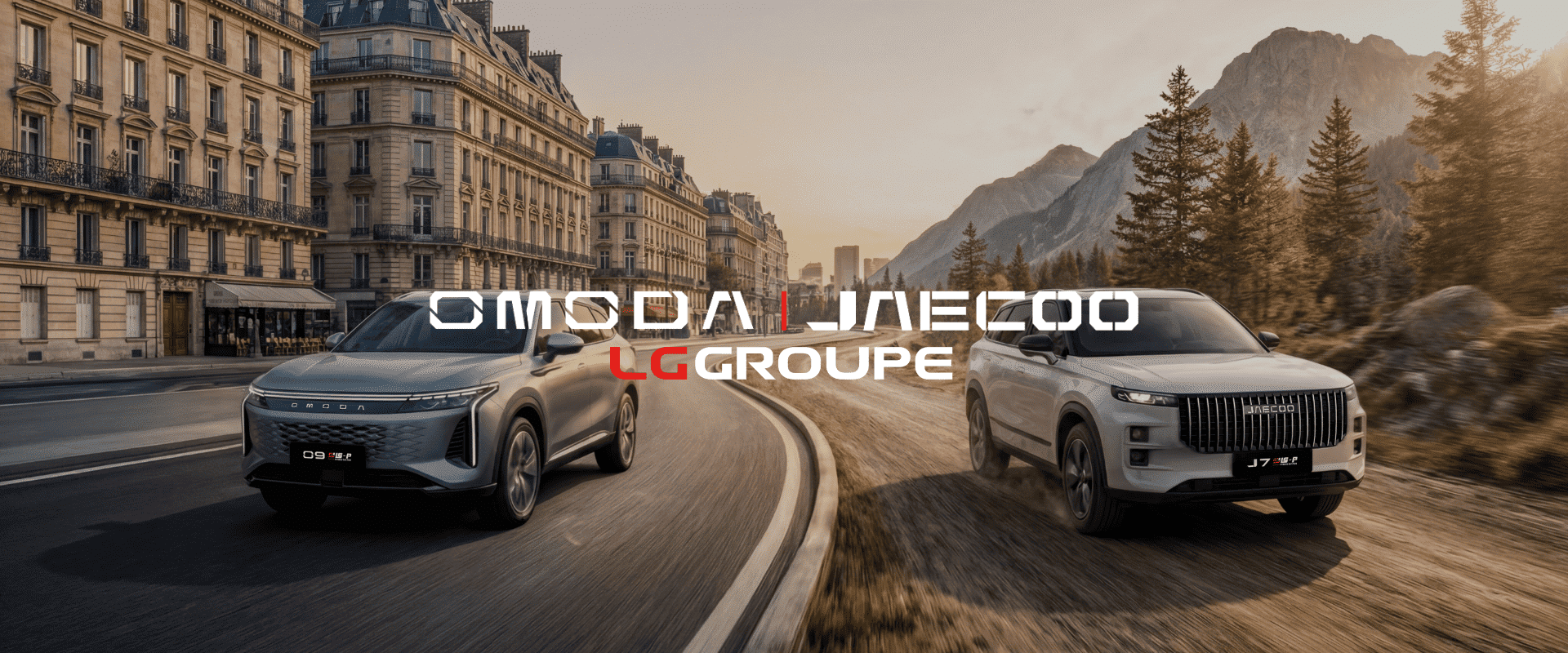 Image présentant une Omoda ainsi qu'une Jaecoo roulant sur la route.