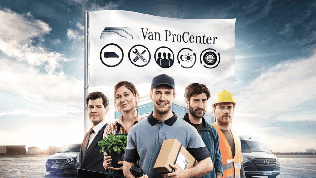 Équipe de professionnels devant un drapeau Mercedes-Benz Van ProCenter
