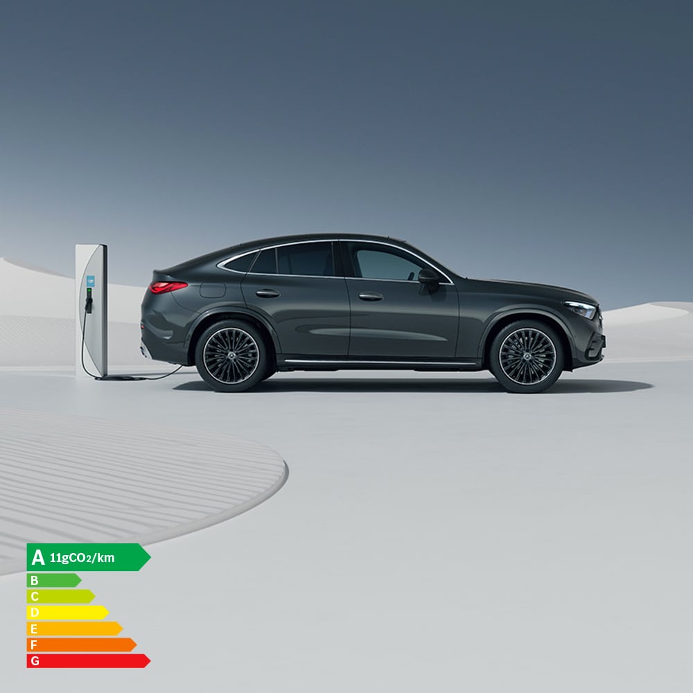 Mercedes-Benz GLC Coupé hybride rechargeable en charge, vue de profil