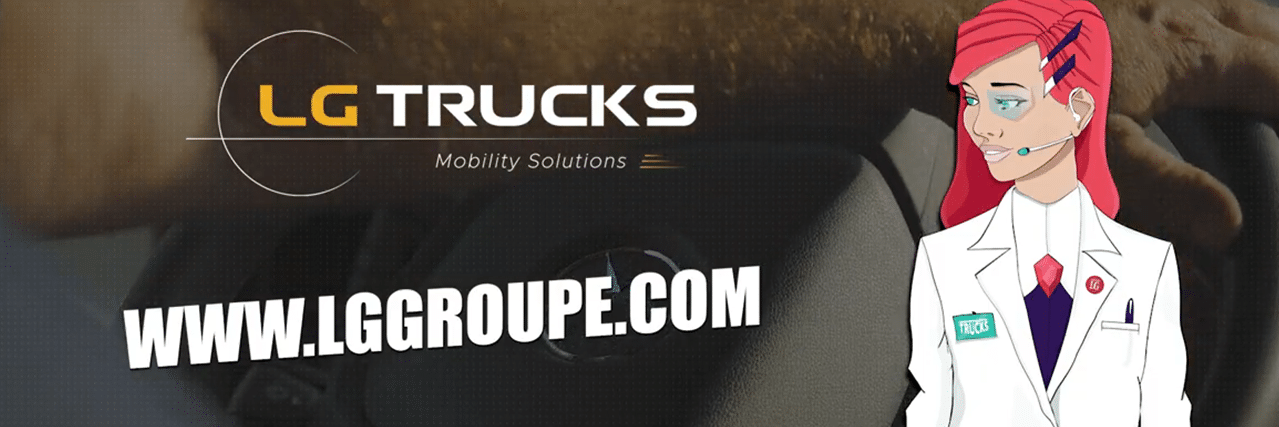 Bannière LG Trucks avec personnage illustré et adresse www.lggroupe.com